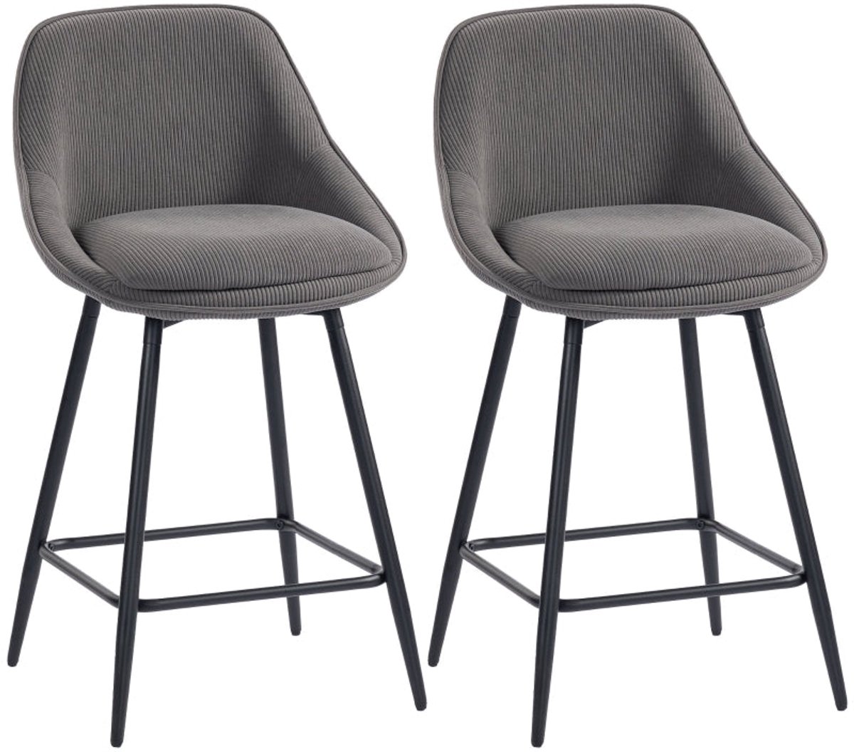 Merax 2-Pack Barstoelen – Cord Barkrukken met Rugleuningen & Voetsteun – 360° Draaibaar – Comfortabele Hoge Zitting – Stalen Frame – Grijs