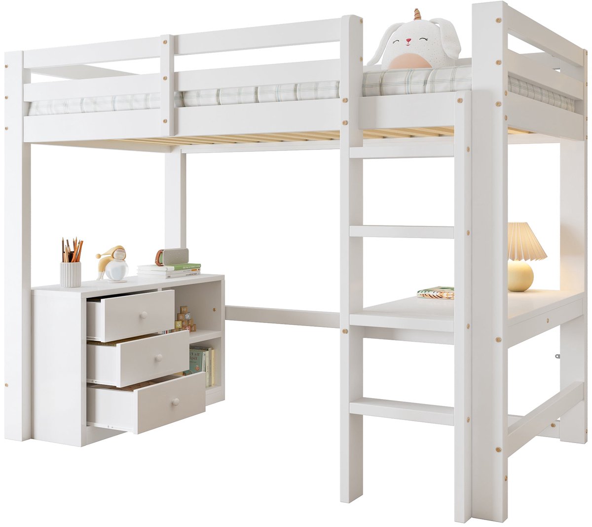Merax Kinderhoogslaper 90x200 - Hoogslaper met Bureau - Ladekast met Schubladen - Opbergrek - Viertraps Ladder - Grenenhout en MDF - Wit - Zonder Matras