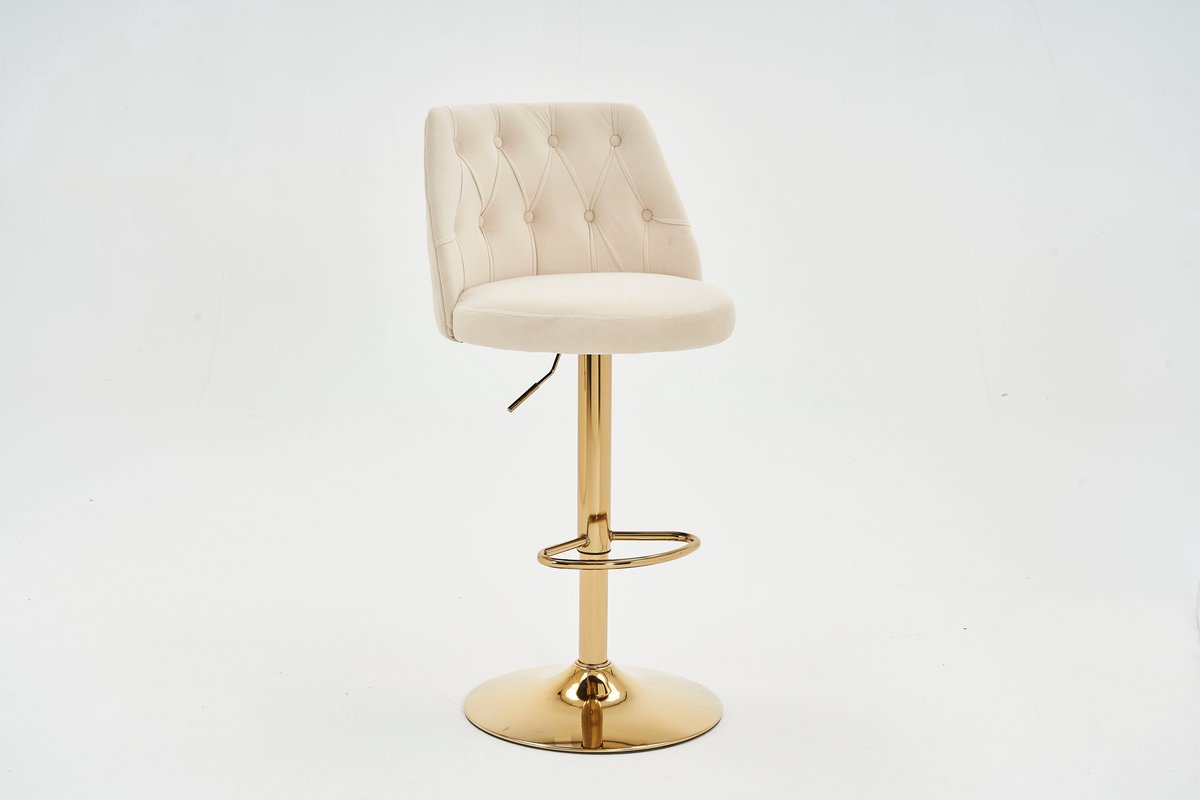 Merax Barstoelen Set van 2 – Verstelbare Draaibare Velours Barstoelen – Getufte Rugleuning – Goudkleurige Voet – Comfortabele Barstoelen voor Keukeneiland Huisbar en Bartafel – Beige
