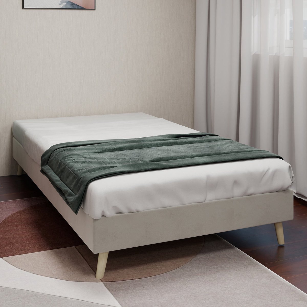 Merax Gestoffeerd Bed 90 x 200 cm - Laag Bedframe - Fluwelen Stof - Metalen Frame - Houten Lattenbodem - Beige