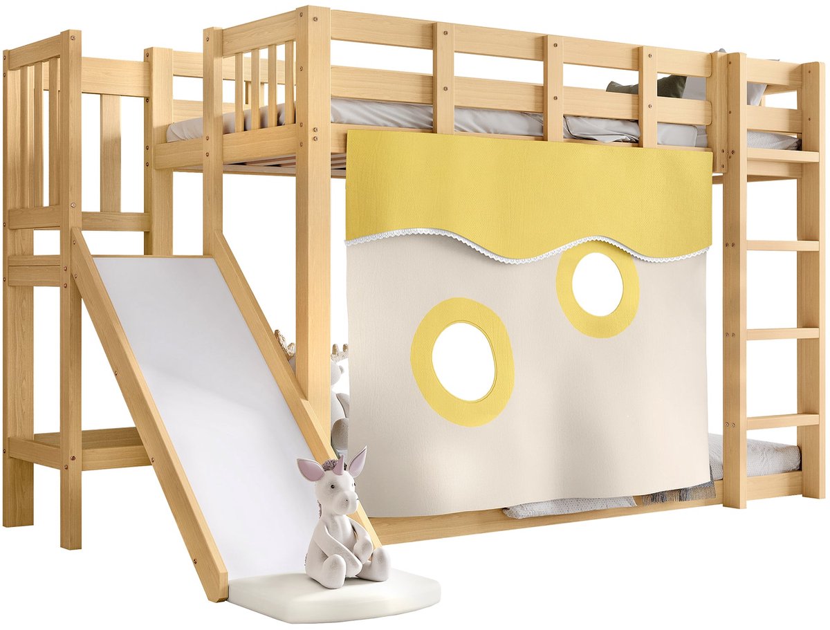 Merax Stapelbed Voor Kinderen 90x200 - Houten Kinderbed Met Trap - Glijbaan - Bedgordijn - Valbeveiliging - Natuurlijk Hout