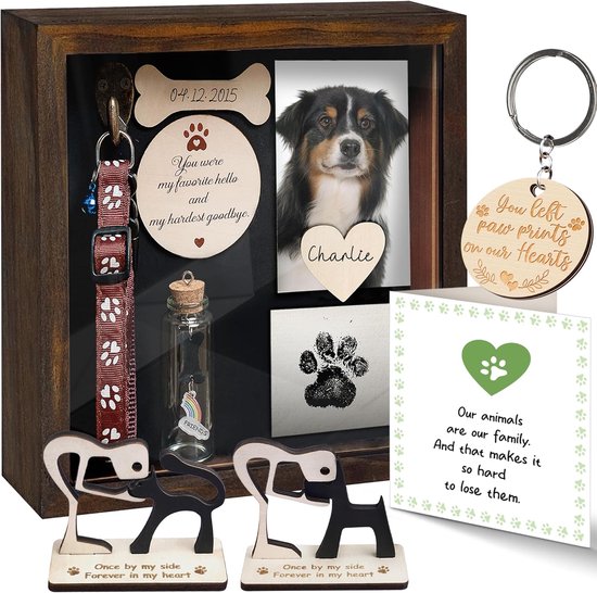 Boîte de commémoration pour animaux de compagnie 21,8 cm - Support de collier de style campagnard avec cadre photo, sculpture de chien en bois, pot pour cendres et fourrure, porte-clés de commémoration pour chat, carte de condoléances pour chien
