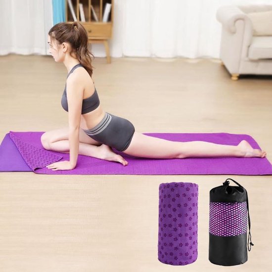 Yogahanddoek - Yogahanddoek - Yogahanddoek - Vochtregulerend en antislip - Yogahanddoek - Sneldrogende yogamatstof - Ademende yogamat met opbergtas van mesh - Geschikt voor hot yoga, pilates en fitness - Paars van Merkloos — afbeelding 2