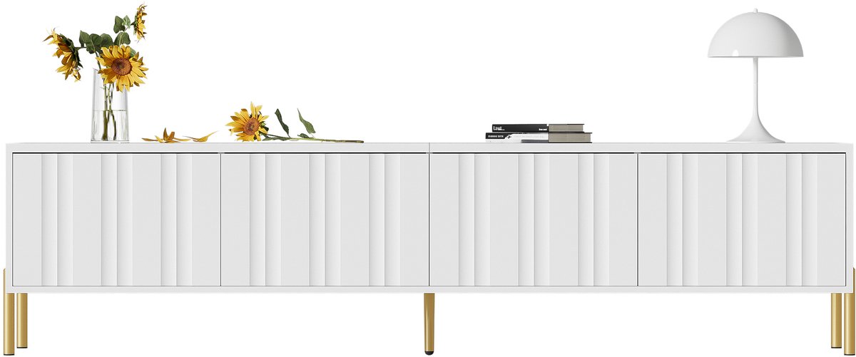 Clruro TV-Meubel 190 cm - Lowboard Met Geribbelde Deuren En Gouden Poten - Strak Ontwerp - Onbekend - Wit