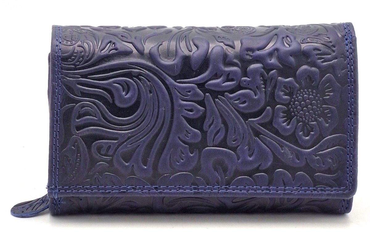 Hunters Leren portemonnee met Bloemen Reliëf blauw - (bxhxd) ca. 16cm x 10cm x 3,5cm