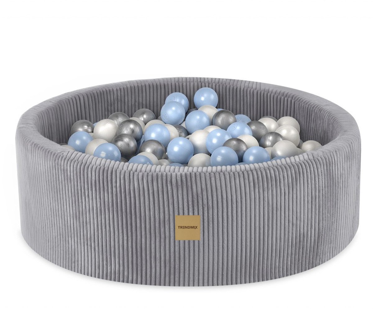 Trendmix Luxe Ronde Ballenbak 90x30 cm – Corduroy – Lichtgrijs – 200 Ballen in Parelmoer, Lichtblauw en Zilver