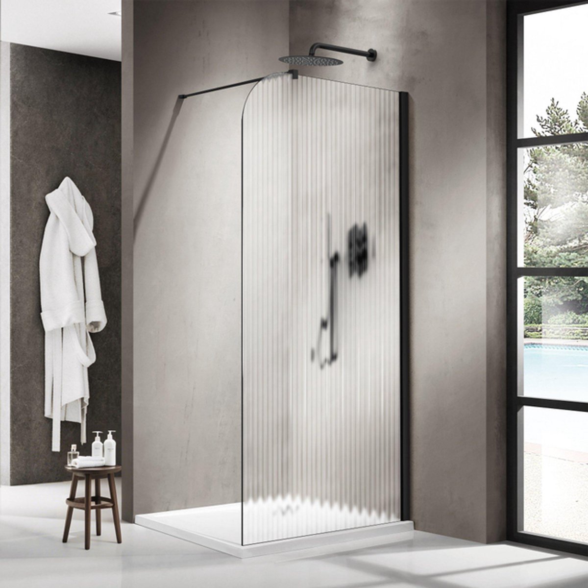 FugaFlow Eccelente Vetro Inloopdouche - 140x200cm - afgeronde glaswand - rechts - ribbel glas - wandarm - mat zwart