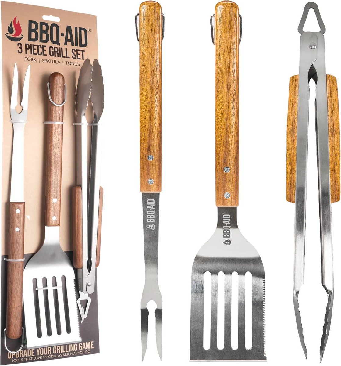 3-delige Grillset - BBQ Gereedschap met Plasten Haken en Houten Handvatten