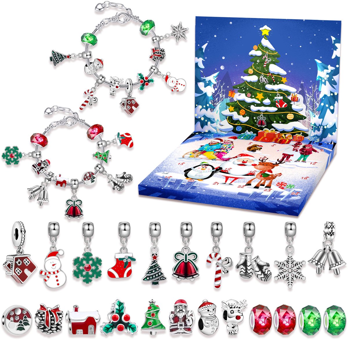 Adventskalender Verrassingsdoos Met 24 Vakjes - Zilveren Bedels En Armbanden - Doe-Het-Zelf Sieraden Voor Meisjes En Vrouwen - Kerstcadeau