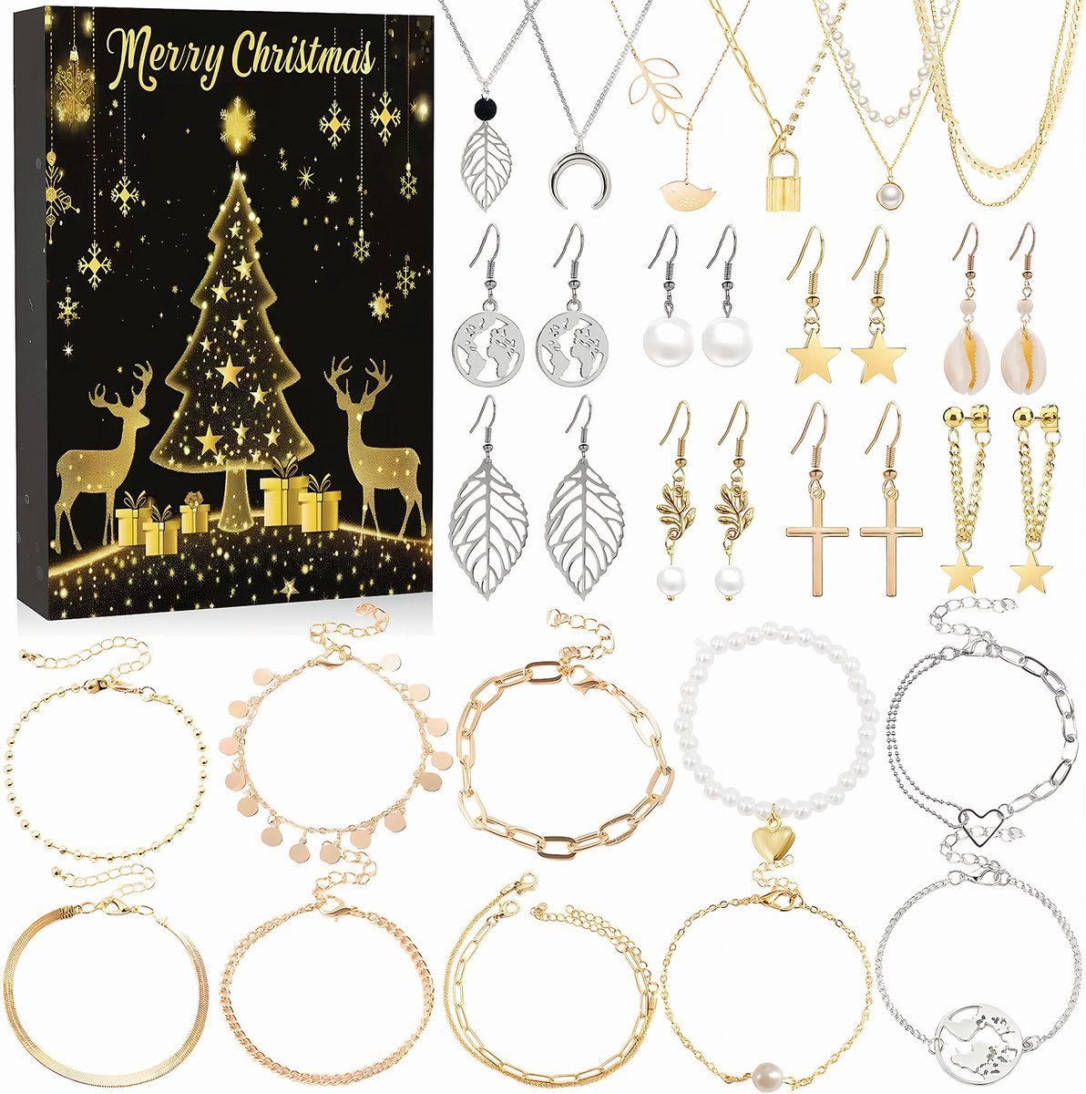 Adventskalender Sieraden Kerstkalender Voor Dames En Meisjes - 24 Verrassingsarmbanden, Kettingen En Oorbellen - Sieradenset - Cadeau Voor Vrouwen, Meisjes En Kinderen