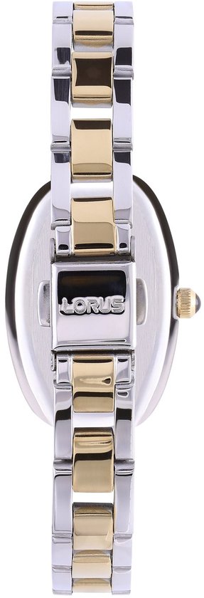 Achterkant van een gouden en zilverkleurig horloge met Lorus logo op de sluiting.