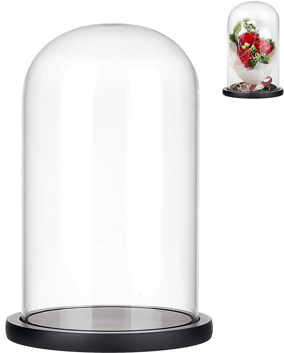 Glazen display cloche koepel, decoratieve glazen koepel deksel, doorzichtige stolp vitrine met zwarte houten basis voor verzamelobjecten, roos kantoor thuis tafeldecoratie, 15 x 25,5 cm