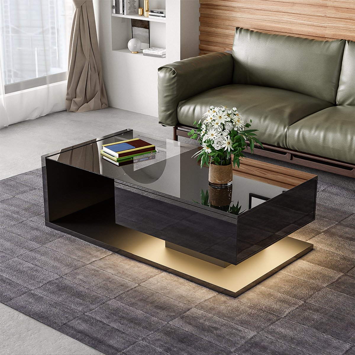 YEHTOKHOME Salontafel Hoogglans Zwart Bijzettafels, Salontafels met Glazen Tafelblad en LED Verlichting, Woonkamertafel Koffietafel met lade, 105x55x32,5 cm
