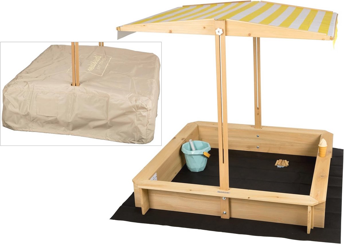 Zandbak met dak en zitbank voor kinderen, rechthoekig en waterdicht, 113 cm, buitenspeelgoed in tuin