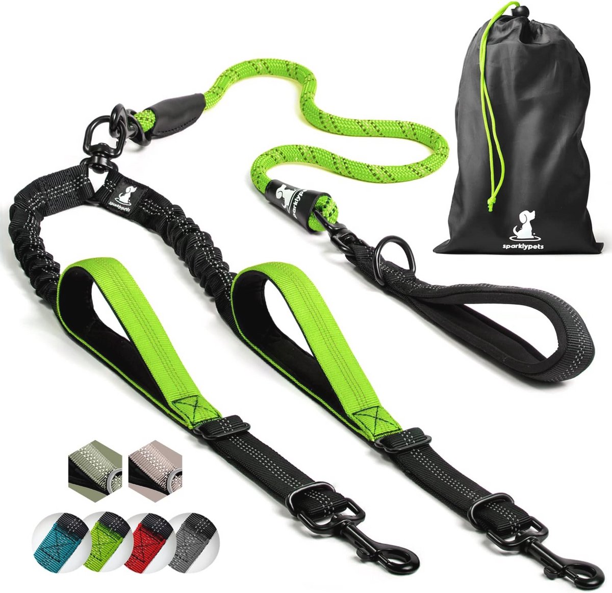 Dubbele Hondenriem voor 2 Honden - Bungee Touw met Gewatteerde Handgrepen - Geen Wirwar en Reflecterende Strepen (Groen)