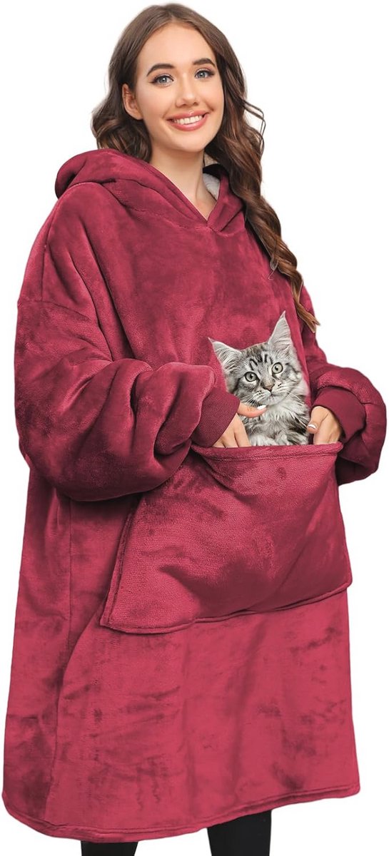 Oversized Hoodie voor Dames en Heren, Comfortabele Capuchontrui met Ronde Hals, Ruim en Warm, Eén Maat, Rood
