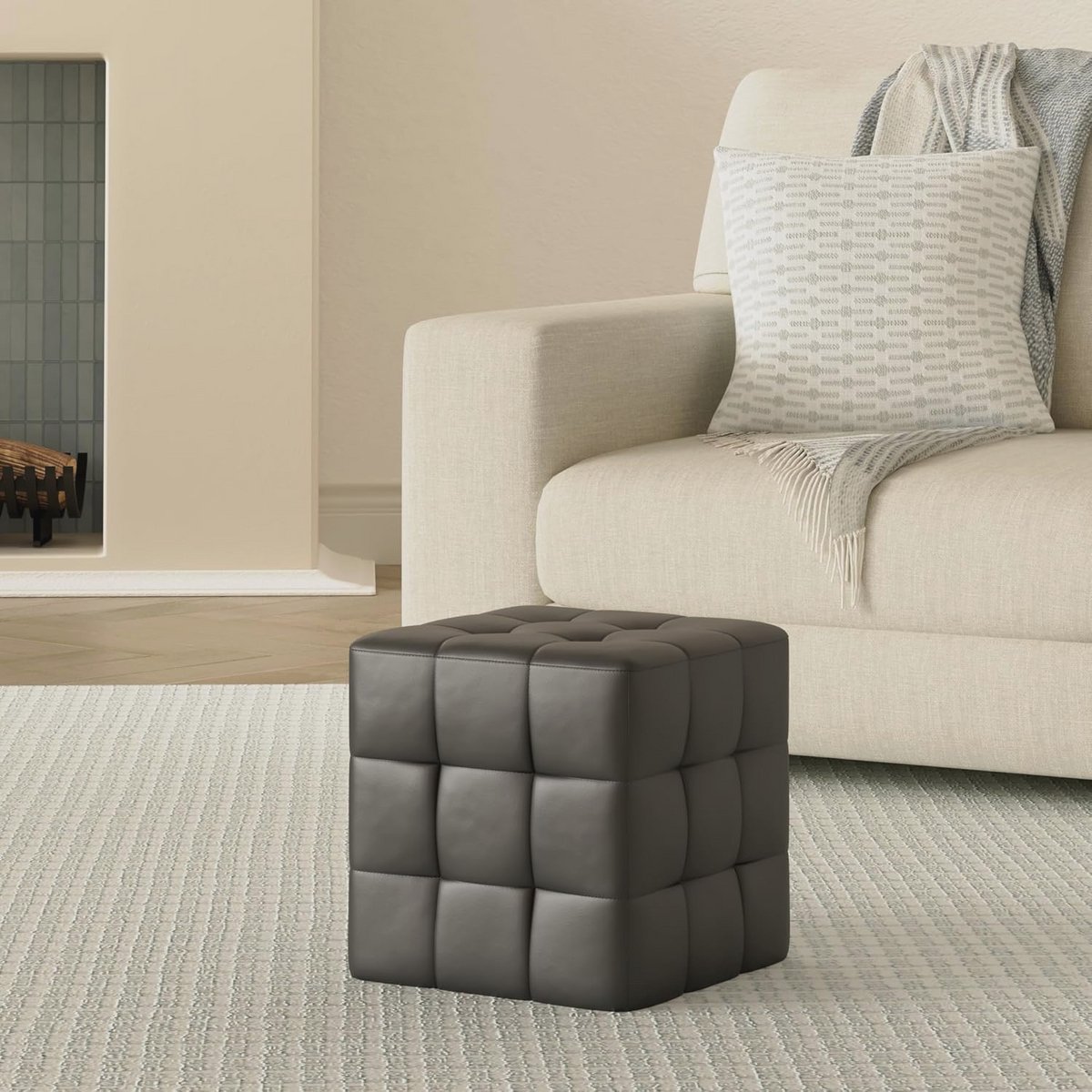 2x Trendy Poufs in Witte Kunstleder - Comfortabele Hocker en Voetensteunen