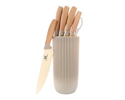 Master knives 6-Delige Messenset - Messenblok - O.a. Koksmes, Vleesmessen en Schaar met Bieropener - Keukengerei Houder - RVS - Beige