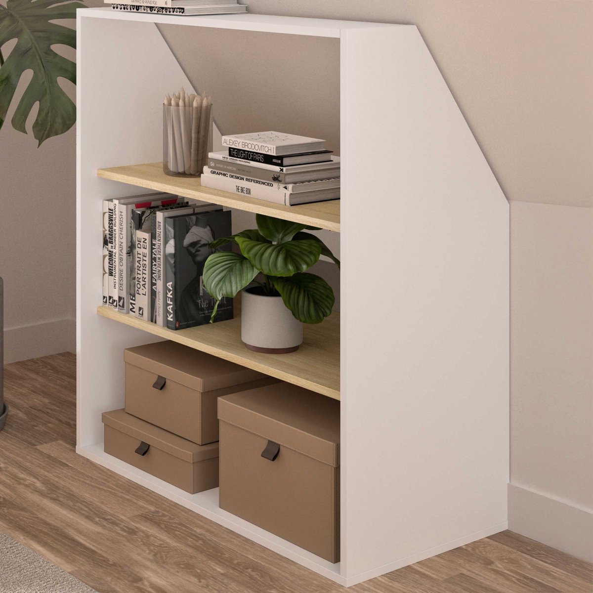 Vente-unique Kast voor onder een schuin dak - Wit en naturel - ADEZIO L 91.3 cm x H 110 cm x D 50 cm