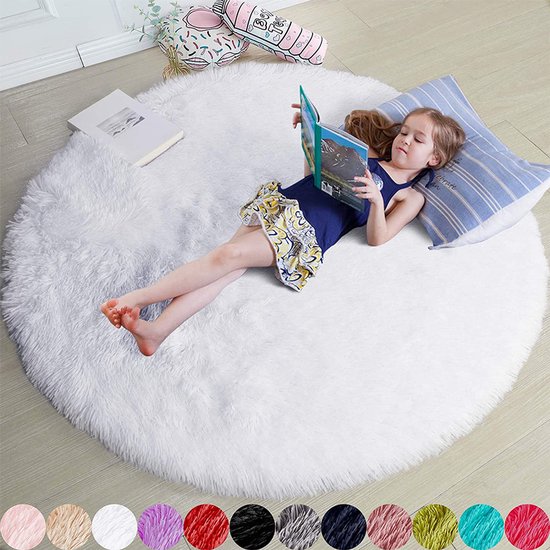 Tapis rond, 1,2 x 1,2 mètres, idéal pour une chambre de fille ; tapis rond doux, idéal pour une chambre d'enfant (blanc).
