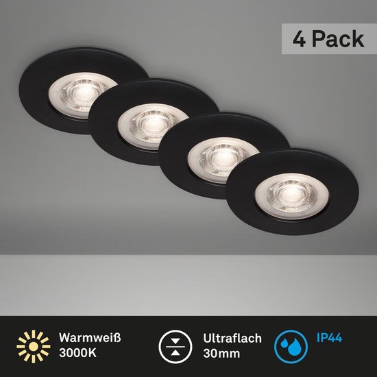 4-pack zwarte, ultraplatte inbouwspots van 30mm hoog, warm wit 3000K, IP44.