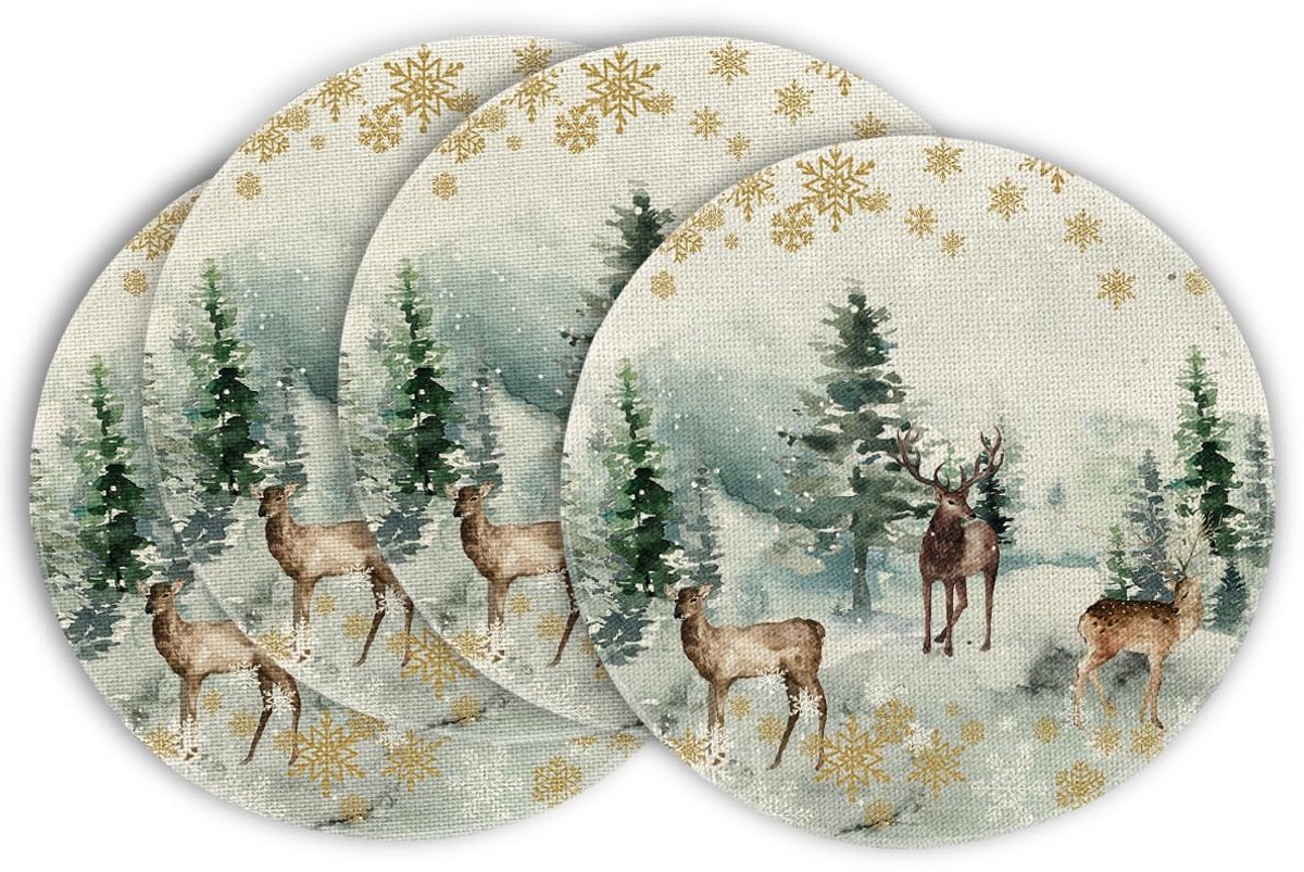 Aquarel Rendierboom Kerst Ronde Placemats Set van 4, 37cm Winter Kerst Placemat Wasbare Placemats Keuken Feestdecoratie
