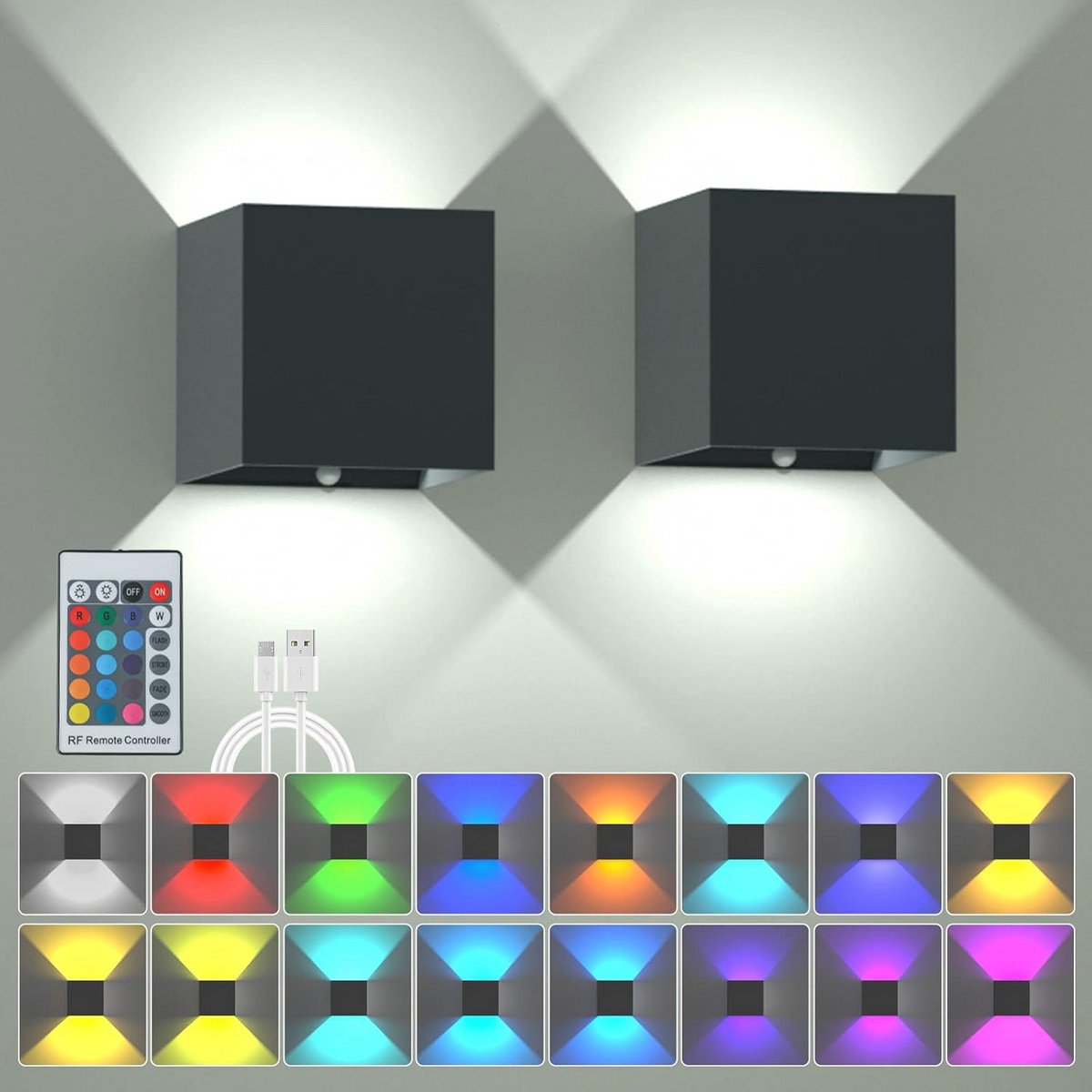 RGB Wandkandelaars Set van 2 - Dimbare LED Wandlampen met Afstandsbediening en 16 Kleuren