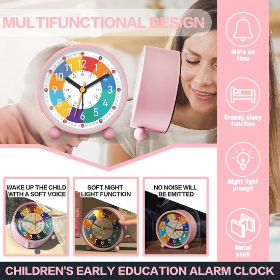 Stille Kinderwekker met Nachtlicht en Herhalingsfunctie - Roze Design van Alecto — afbeelding 4