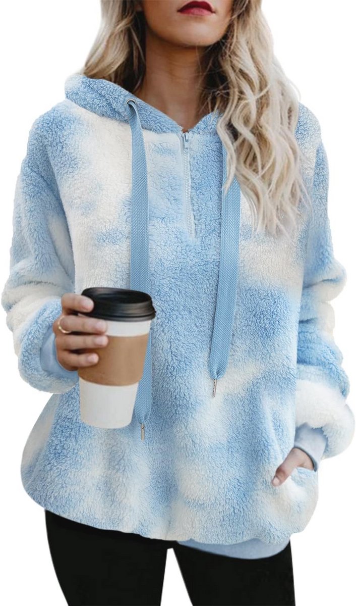 Oversized Sherpa Pullover Hoodie met Zakken - Fuzzy Fleece Sweatshirt (Blauw Wit, 3XL)