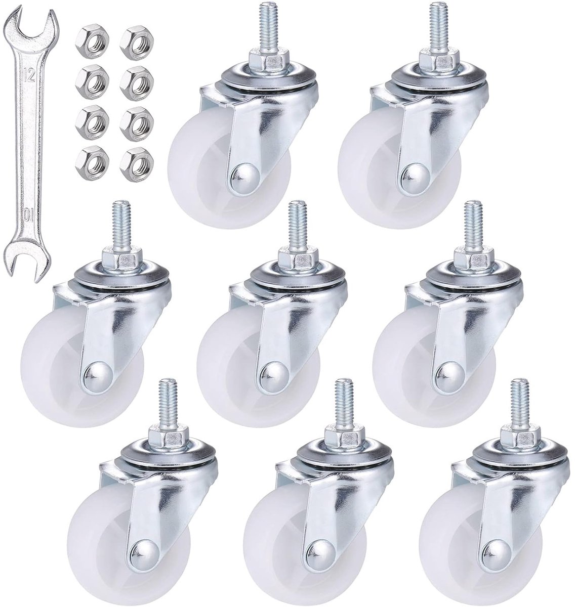 Heavy Duty Casters met Moeren en een Sleutel - Set van 8 Polyurethaan Rubber Wielen voor DIY Projecten - Trolleys - Meubels - Dubbele Kogellager Wielen en Draaikop (50mm Hoog)