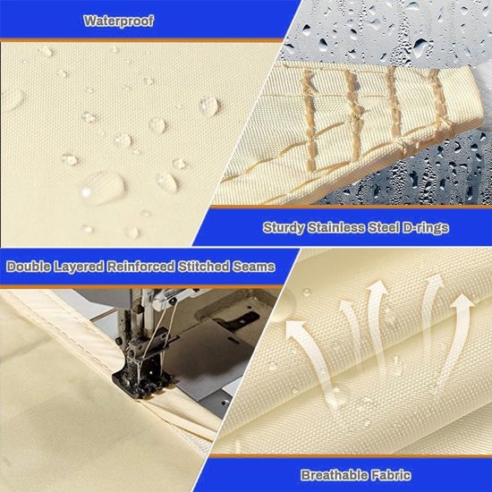 Beige zonnedoek met waterdruppels, dubbel versterkte naden, roestvrijstalen D-ringen en ademende stof.
