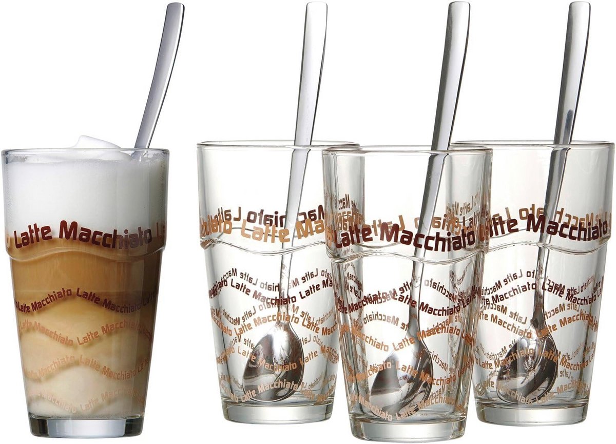 Set van 8 Latte Macchiato Glazen met Lepels - Hittebestendig en Vaatwasmachinebestendig