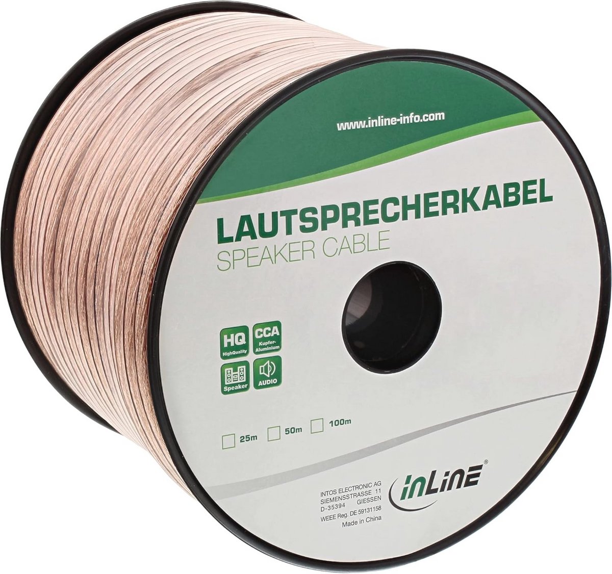 Luidsprekerkabel 2x2,5 mm², CCA, transparant, 50 m