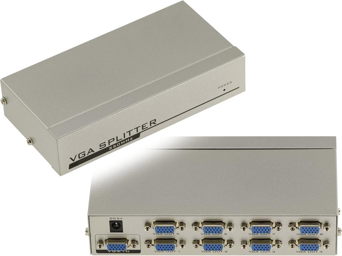 VGA Video Splitter - Dupliceert 1 Ingang naar 8 Uitgangen met 250 MHz Bandbreedte