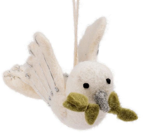 Wolvilt Vogel - Vredesduif met Olijftakje - Creme&Groen&Zilver - Fairtrade Homedeco - 7x12x4cm — afbeelding 3