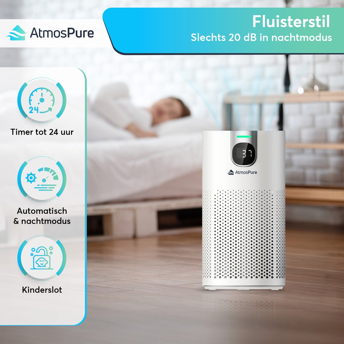 AtmosPure® CleanAir Luchtreiniger - Air Purifier met vervangbaar HEPA 13 + Koolstof filter - CADR 250 m³/h - Wit - Voor 98 m² - Filtert pollen, huisstofmijtallergenen en fijnstof - 3 standen + stille slaapstand - Luchtkwaliteit Sensor – foto 7