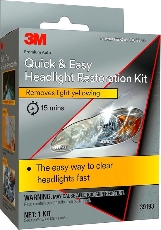 3M Quick & Easy Headlight Restoration Kit met "Removes light yellowing" en "15 mins".
