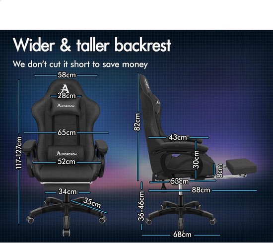 Ergonomische Gamingstoel met Massage Lendensteun - In Hoogte Verstelbare Draaistoel - Stof Grijs — afbeelding 3
