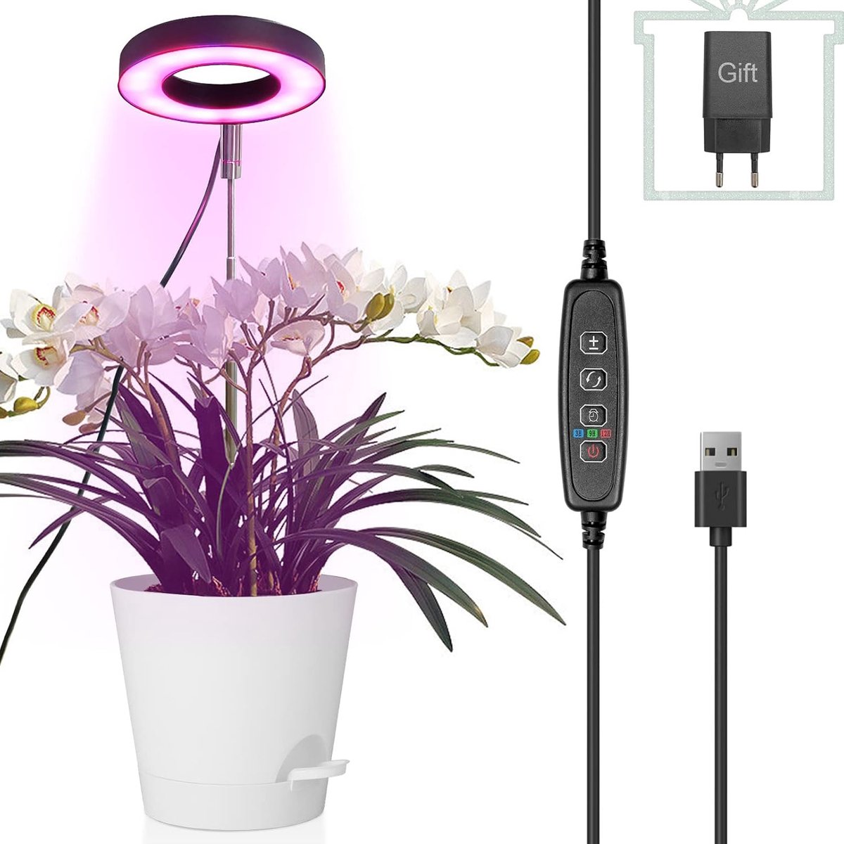 Full Spectrum Plant Grow Light – LED Kweeklamp voor Kamerplanten – Verstelbare Hoogte, 10 Helderheidsniveaus & Auto Timer (3/9/12h) – Energiezuinig 5V – Indoor Plant Verlichting