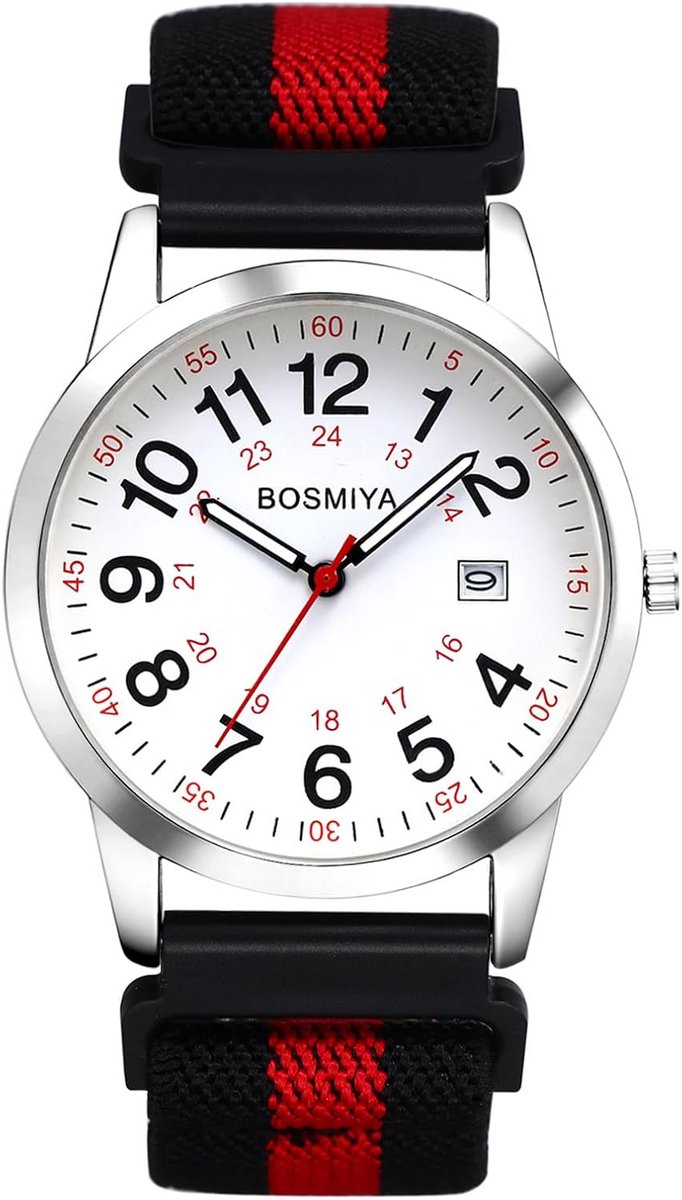 Comfortabel Analoog Kwarts Polshorloge met Kalender en Zwart-Rood Gevlochten Elastische Band