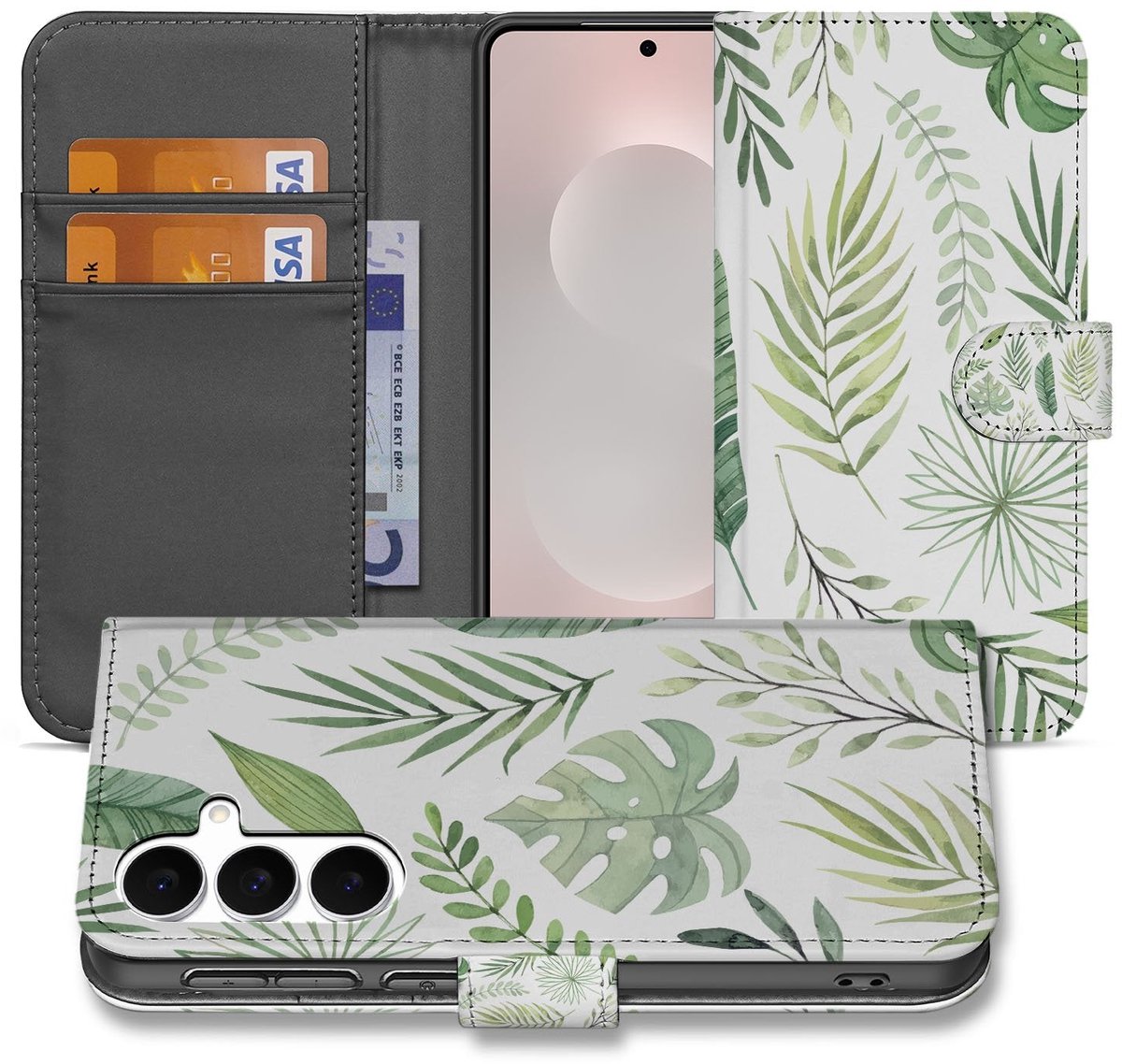 Samsung Galaxy S25 FE Bookcase Hoesje Leaves Lichtgroen Wit Met 3 Pasjes