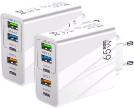 Foto: Excitat telefoonoplader multi interface oplader ondersteunt snel opladen 3 usb poorten 2 usb c poorten 65w 2 stuks wit