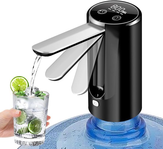 Elektrische waterdispenser, dubbel doel met standaard, automatische drinkwaterpomp, met USB-opladen, voor universele fles van 0,8 tot 2,7 l, zwart