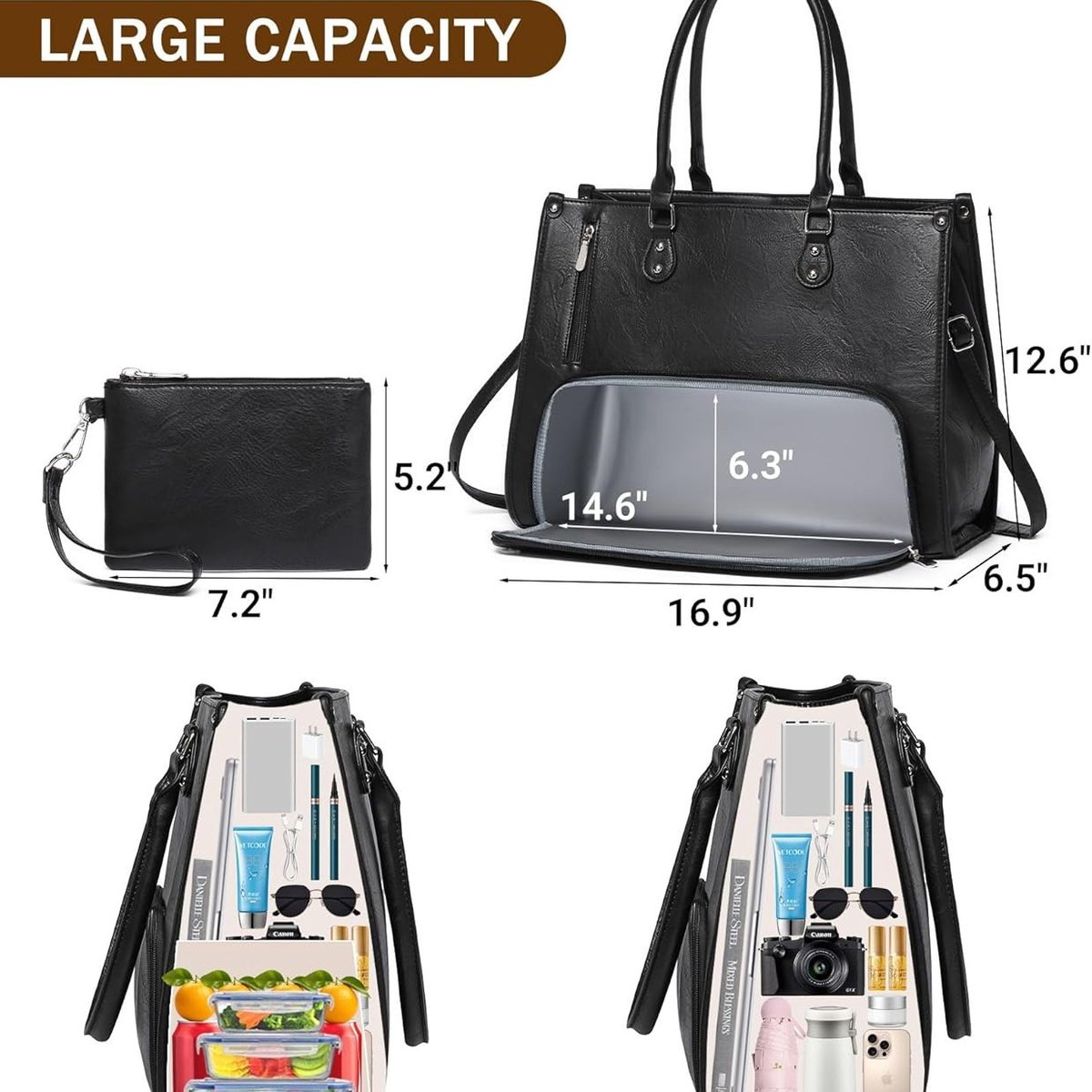 Lunch Tas - 2-in-1 Lunch Tas Handtas Combinatie - Vegane Leder Laptop tas - 15,6-inch Handtas Met Geïsoleerde Lunch Kamer - Lunch Tas - Vrouwen Koeltas - School Kantoor Isolatie Tas - Zwart — cadeau in Koken & Dineren - foto 2