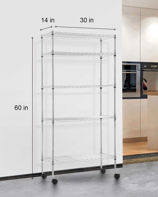Verstelbaar Metalen Draad Rek - 5 Tier Opbergrek met Wielen - Zwaar ...