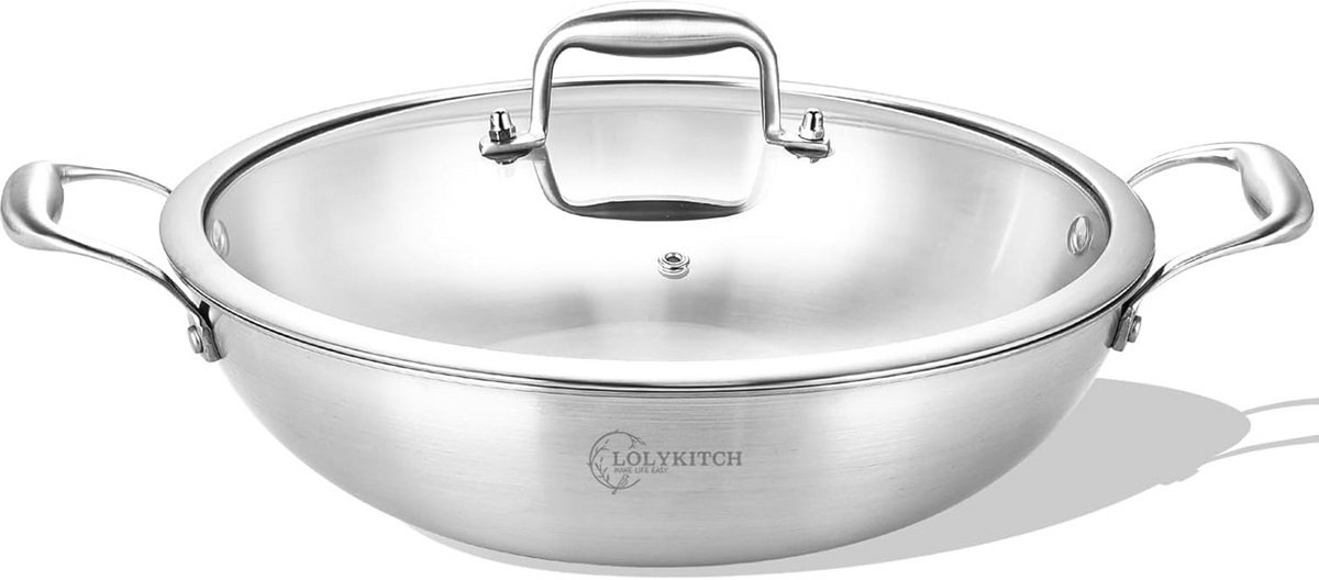 Grote RVS Wokpan met Deksel - 30 cm Tri-Ply Inductie Geschikt