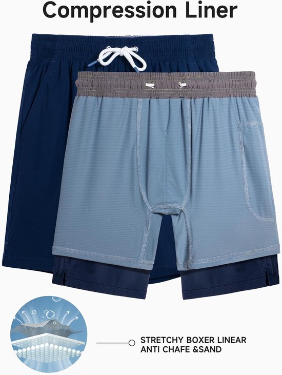 Arcweg Zwembroek voor heren, met compressie, 2-in-1, sneldrogende zwembroek van 14 cm, boardshorts met binnenbroek, ritszak, strandshorts, S - XXL, Donkerblauw, L Kort
