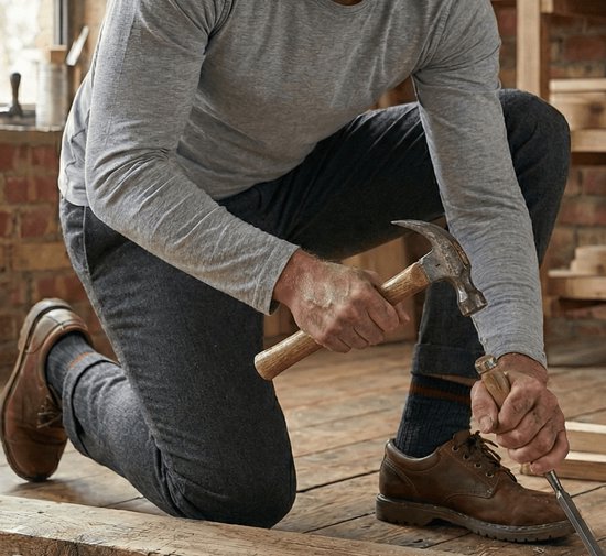 Man in grijze broek en grijs shirt, aan het werk met hamer en beitel. Hij draagt Sukats antraciet sokken met rode streep.