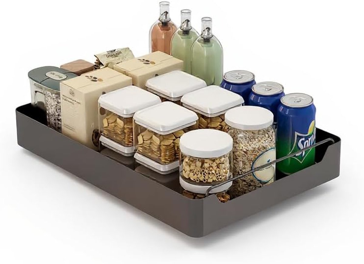 Schuiflade keukenkast - Telescopische Keukenlade Organizer, Plakbare Schuifplank voor Kasten - 25x43x7cm Zwart - Rangschikkingsoplossing zonder Boorwerk