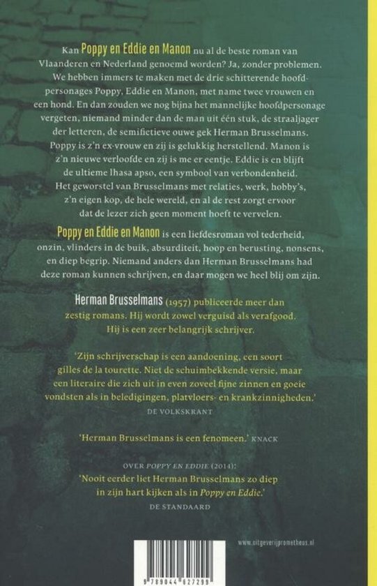 Boek "Poppy en Eddie en Manon" van Herman Brusselmans. Achterkant met tekst over het boek en de auteur. Promotheus logo.